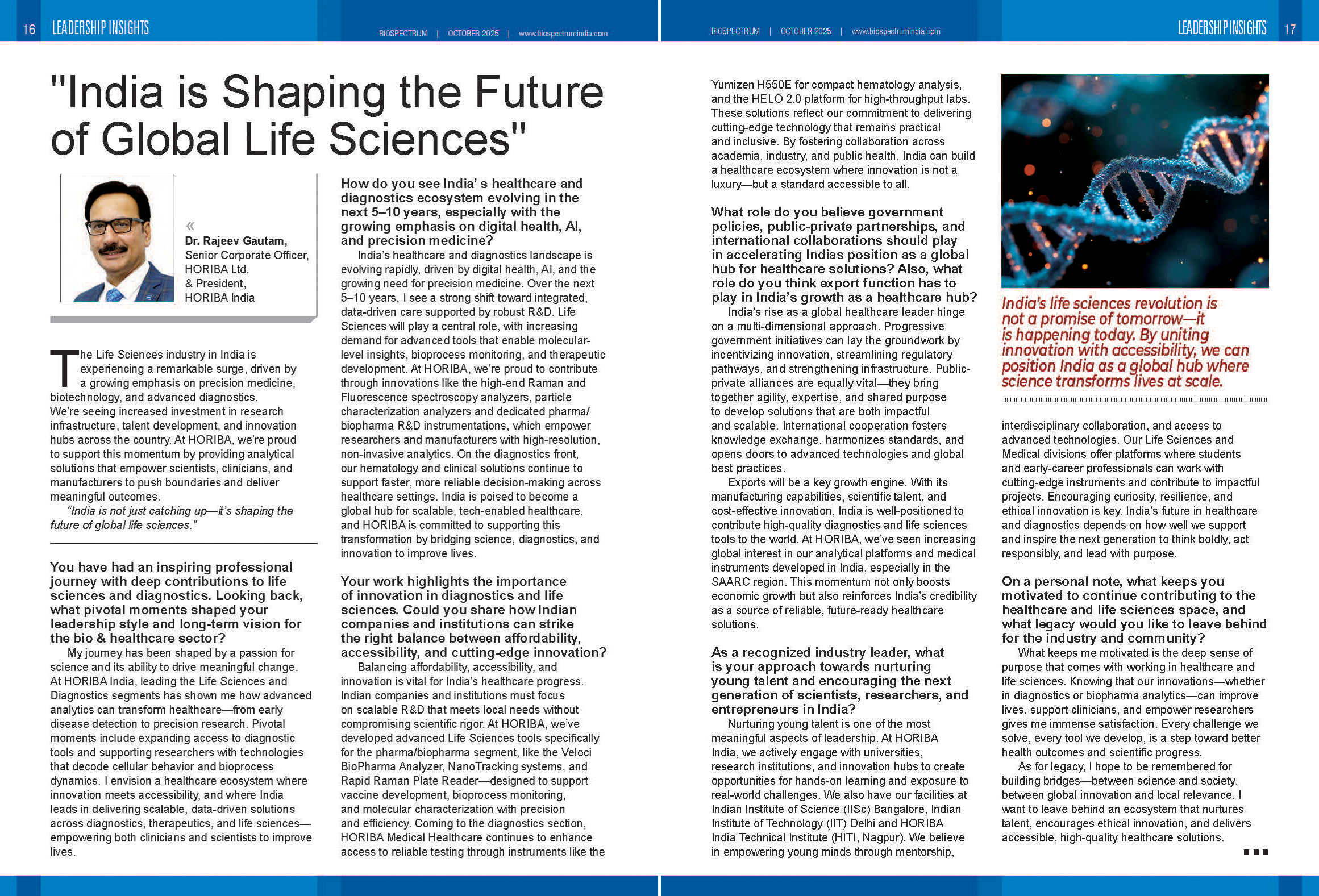 HORIBA India President Dr. Rajeev Gautam Featured in BioSpectrum Magazine
