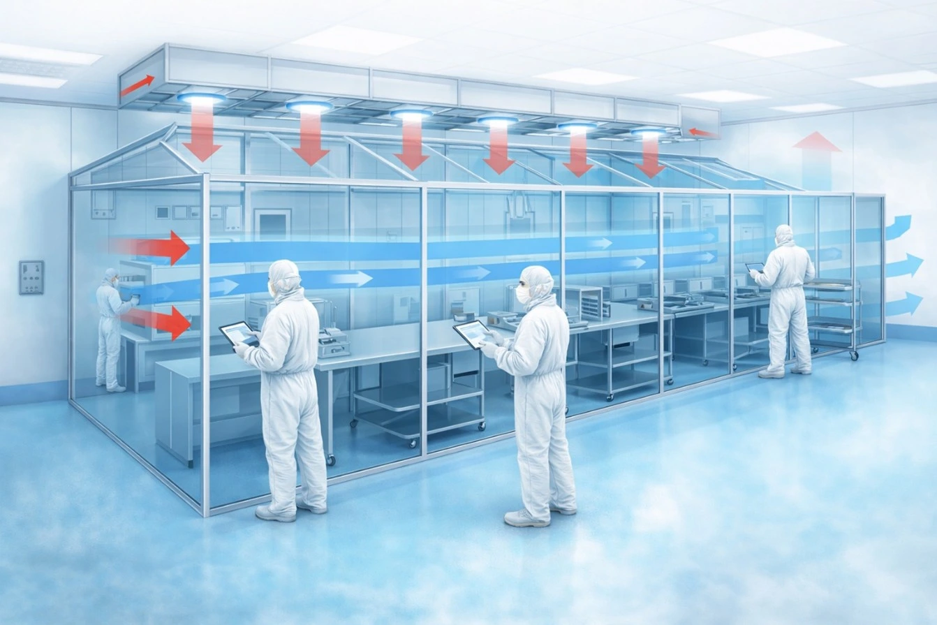 Modern cleanroom interior showing controlled airflow and cleanroom discipline