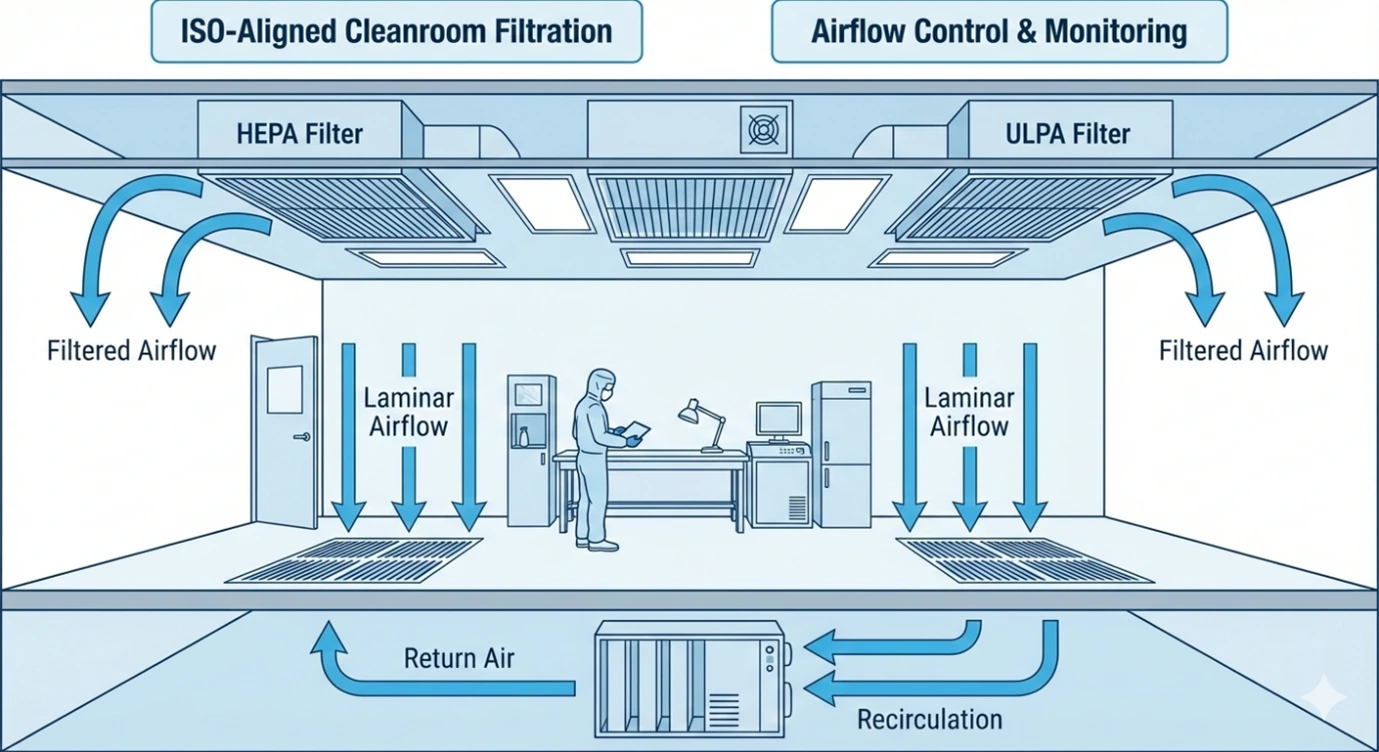 Diagram concept showing cleanroom airflow and filtration using HEPA or ULPA filters