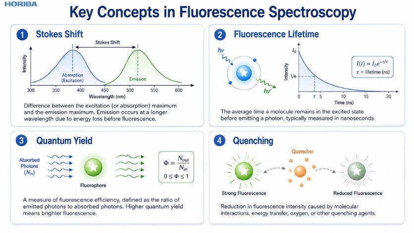 Infographic showing Stokes shift, fluorescence lifetime, quantum yield and quenching