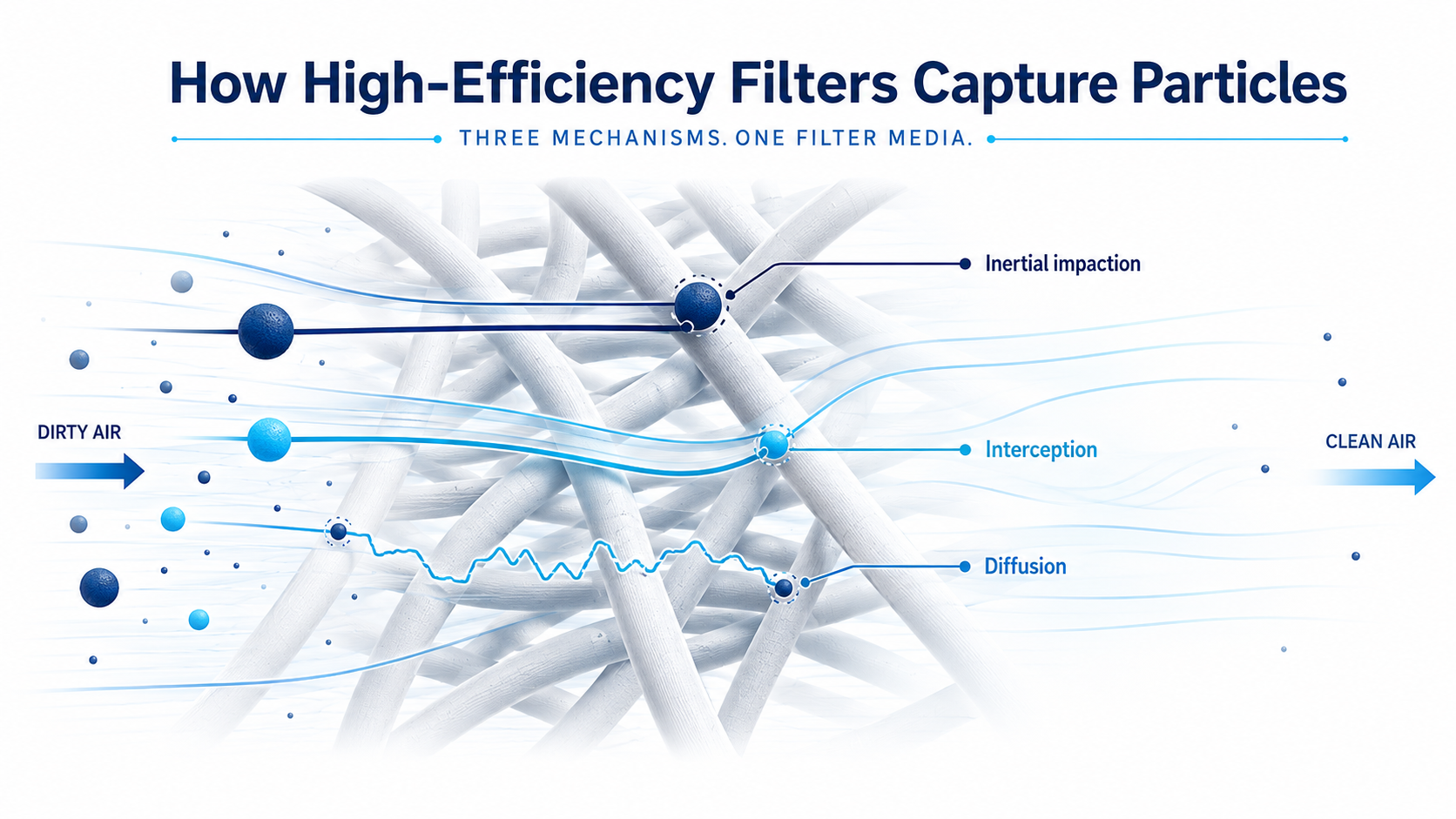 particle sizes are captured through different physical mechanisms within the filter media